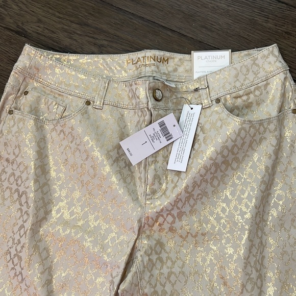 Chicos beige platinum denim ankle pants with metallic gold lattice design - Picture 7 of 16